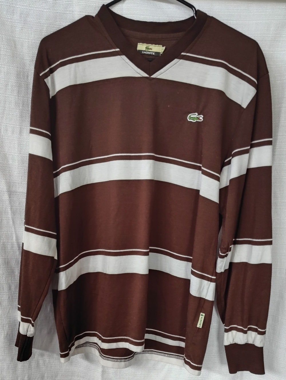 Lacoste Men’s Brown & White Striped V‑Neck Long Sleeve Shirt Men's Medium